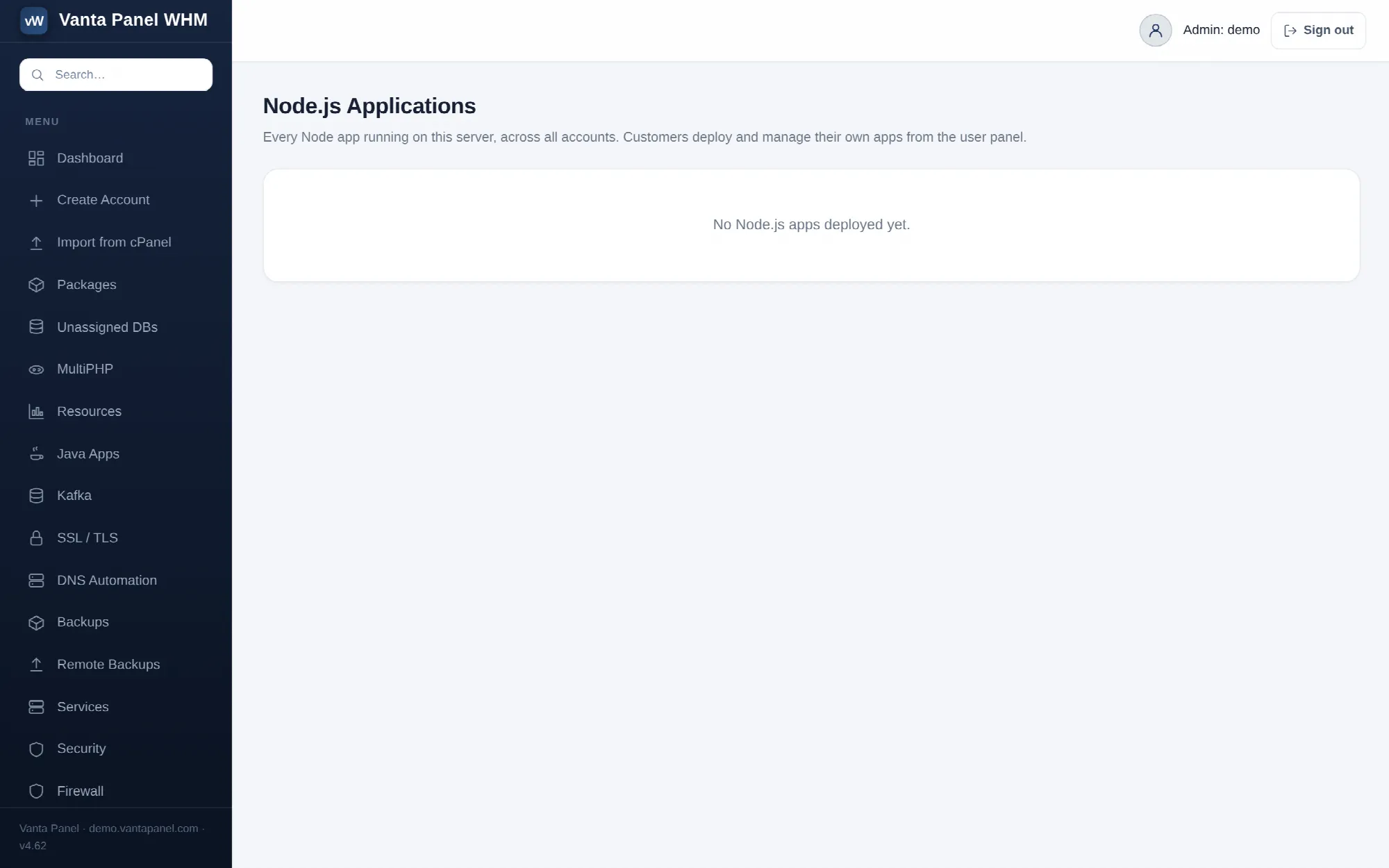 Every Node.js app on the server, listed in vWHM.