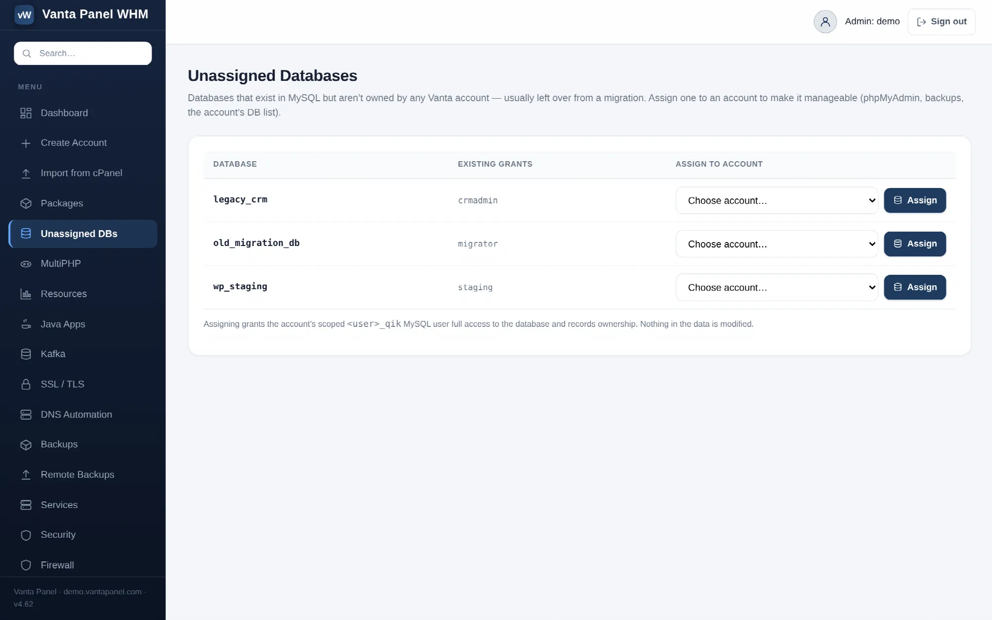 Assigning an unowned MySQL database to an account in vWHM.