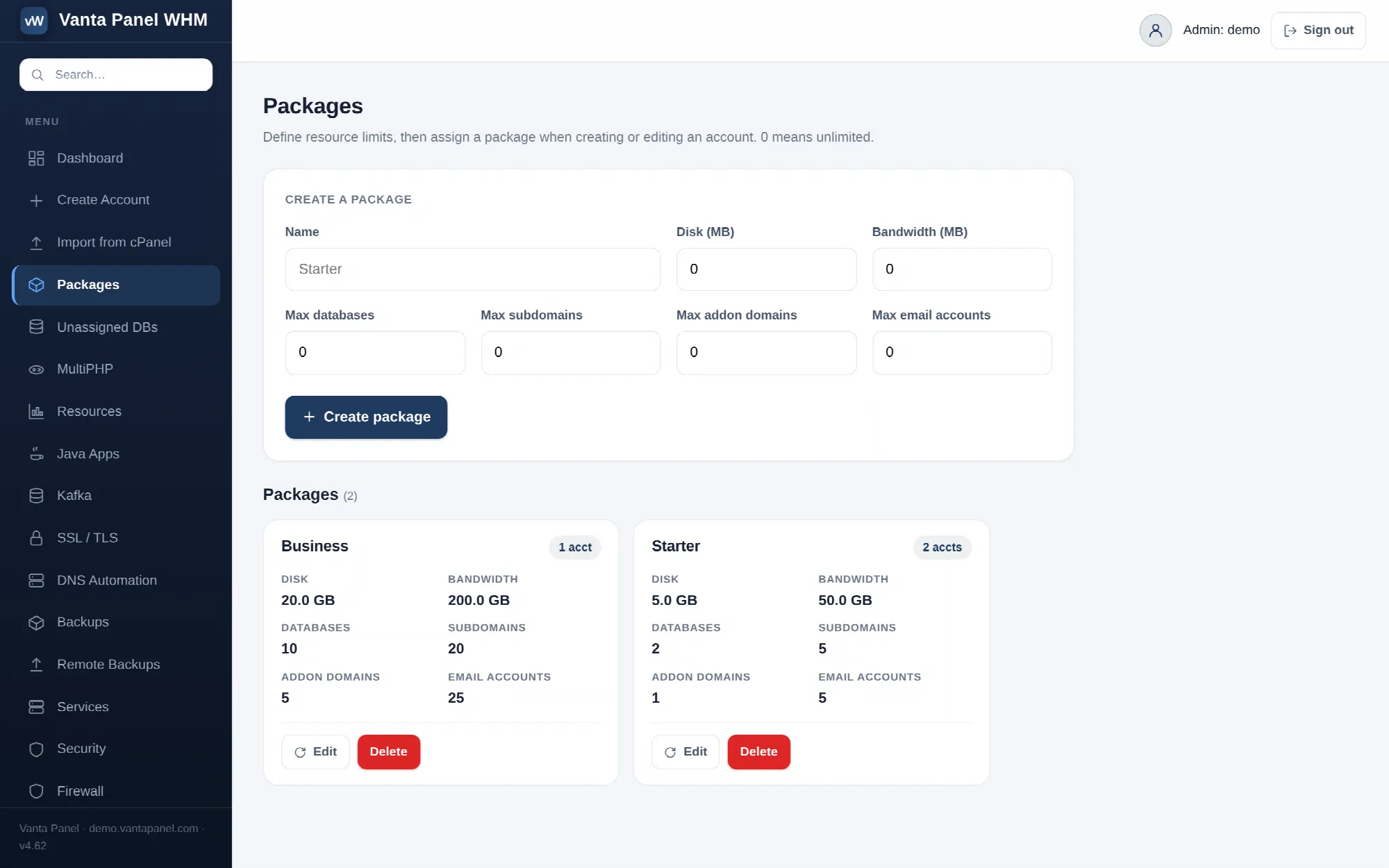 Defining hosting packages and plan limits in vWHM.