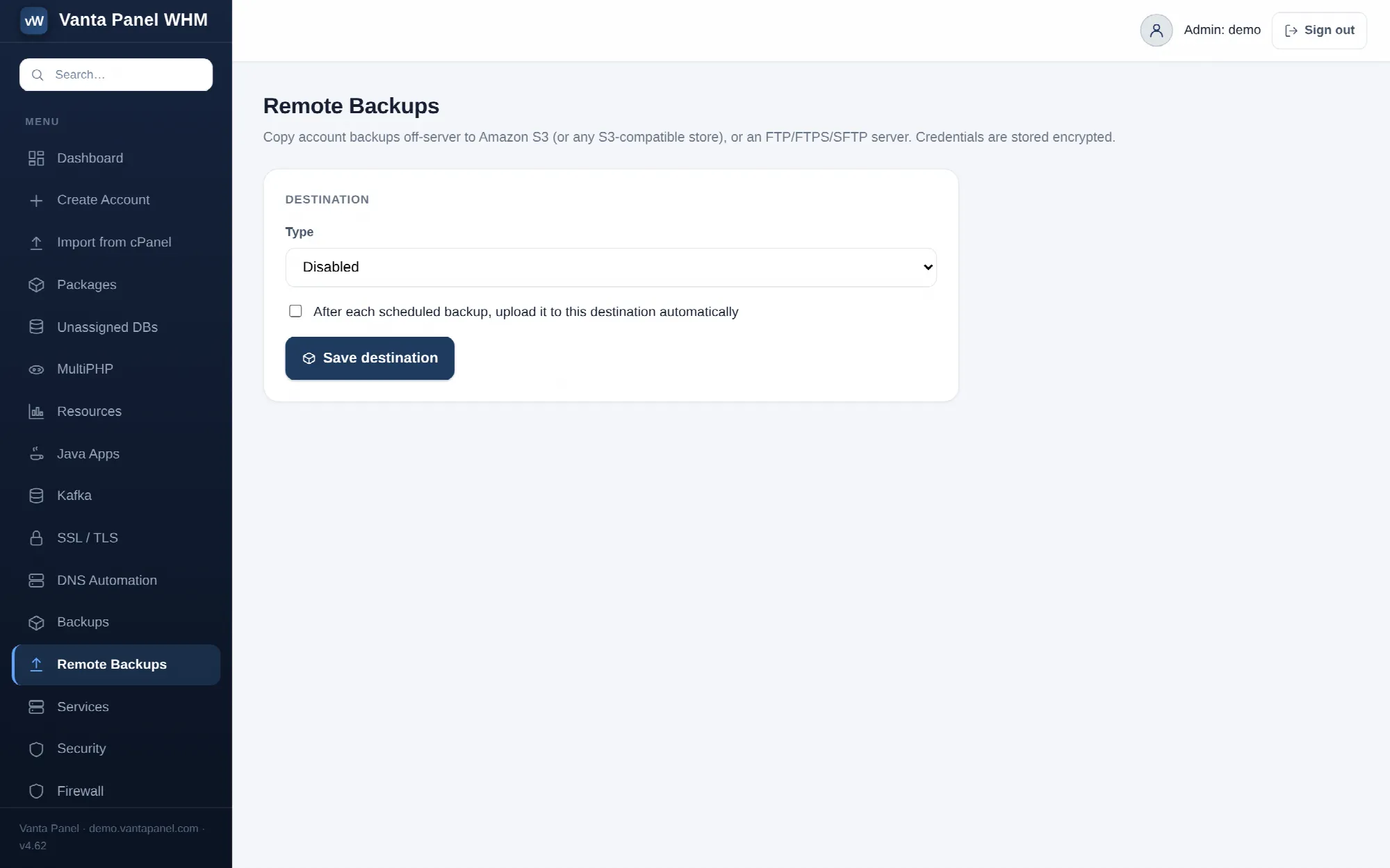 Configuring off-site backup destinations in vWHM.