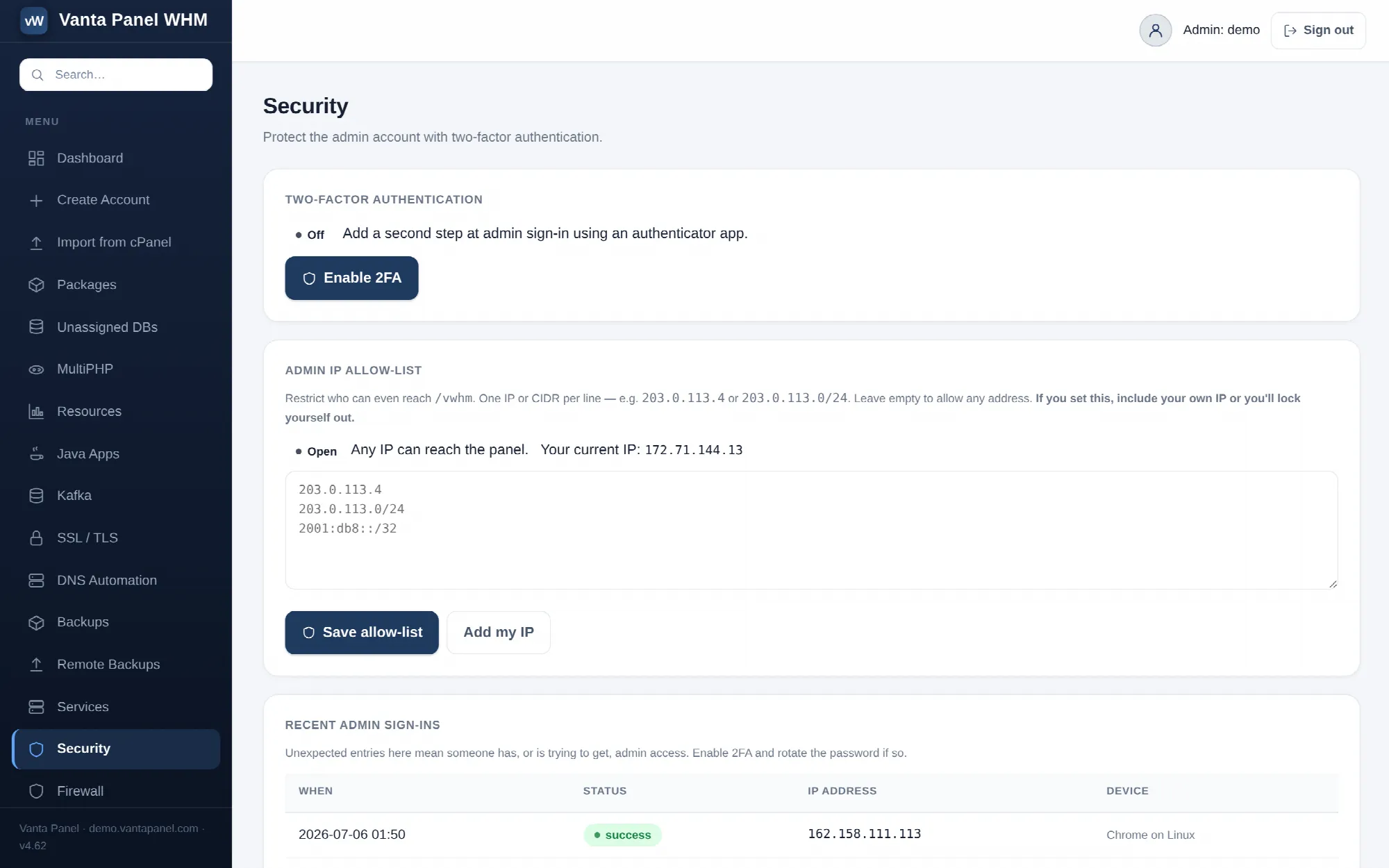 Admin password, two-factor and the IP allow-list in vWHM.