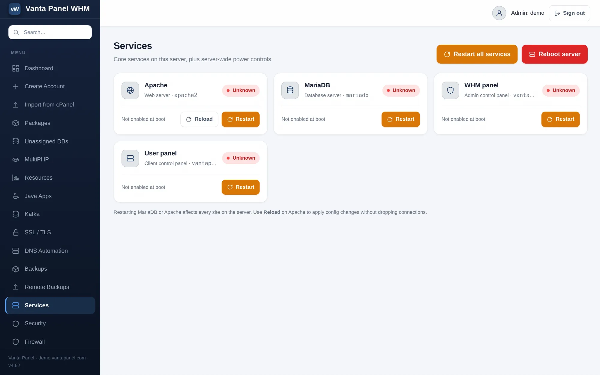 The Services page in vWHM, with per-service status and power controls.