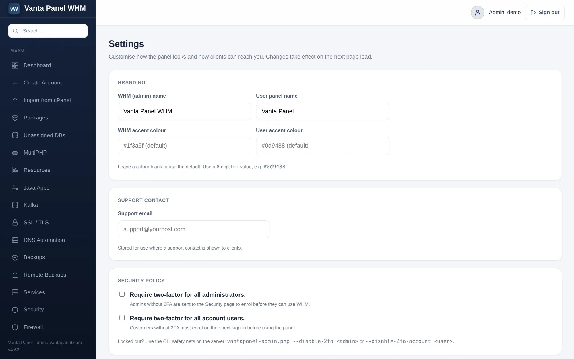 Panel branding, security policy and server alert settings in vWHM.