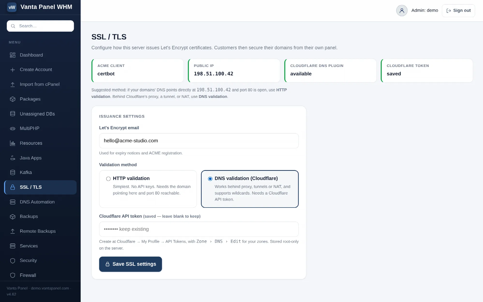 Server-wide SSL / TLS settings in vWHM.