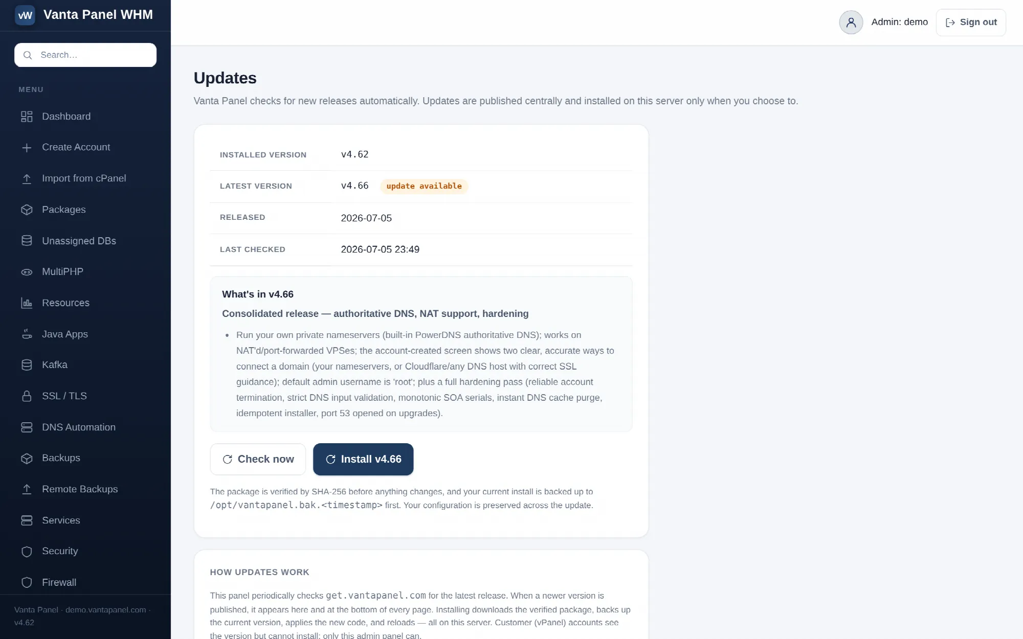 Checking for and installing updates in vWHM.